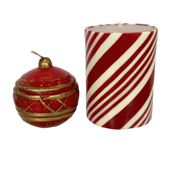 Holiday Christmas Candles Round Ornament & Striped Pillar Design Never Burned - Picture 1 of 4